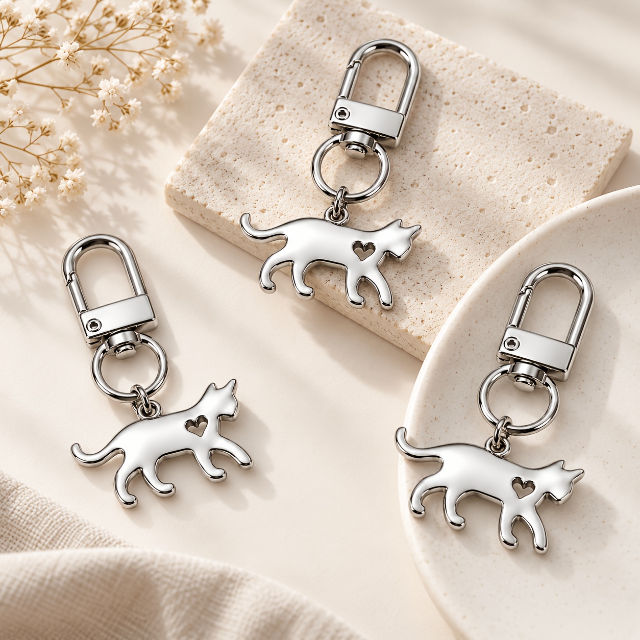 TEMU 3-pack Silvery Cat Keychain, Cat-shaped Metal Key Chain, Pendant, Bag Accessory Hanger, Car Key Ring, Women' Trendy Accessory, Gift