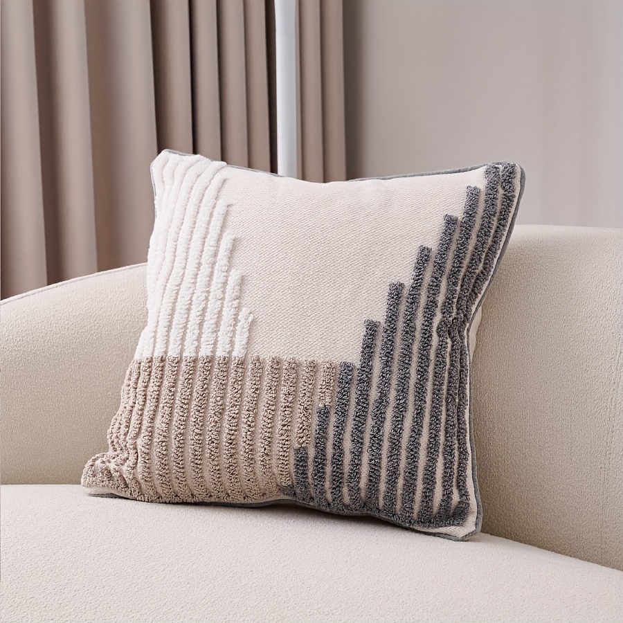 1pc Bohemian Moroccan Geometric Embroidered Decorative Pillow Cover, 45.72x45.72 cm, Zippered Farmhouse Cushion Case, Machine Washable, White with Beige & Gray Patterns for Sofa and Bedroom Decor - No Insert Included, Pillows for Couch