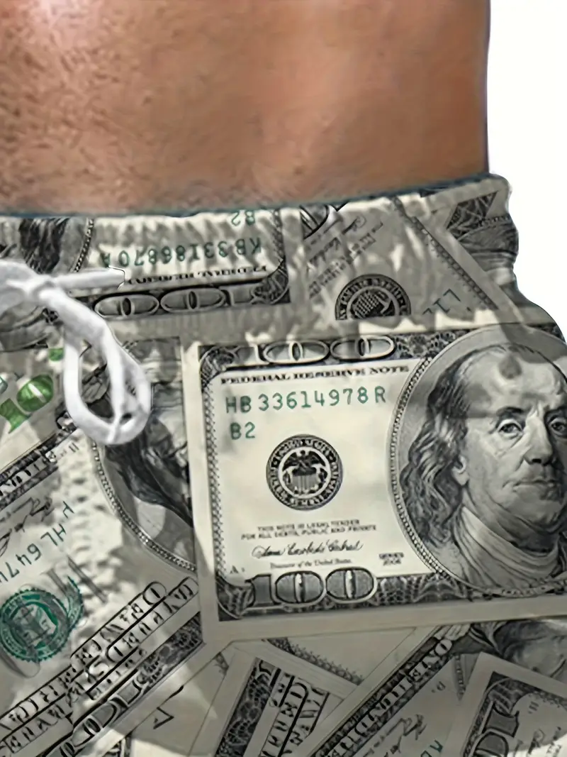mens trendy money pattern shorts with pockets casual breathable elastic waist drawstring shorts for summer details 2