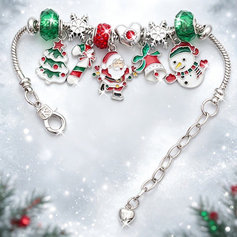 TEMU Exquisite Romantic Christmas Style Adjustable Women's Blessing Bracelet With Christmas Tree, Santa Claus, Candy Cane, Christmas Bell, Snowman