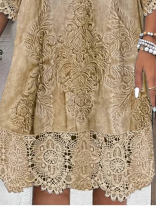 womens elegant v neck lace trim shirt dress light green polyester blend casual dress machine washable non stretch dress for casual attire vintageinspired design intricate floral pattern