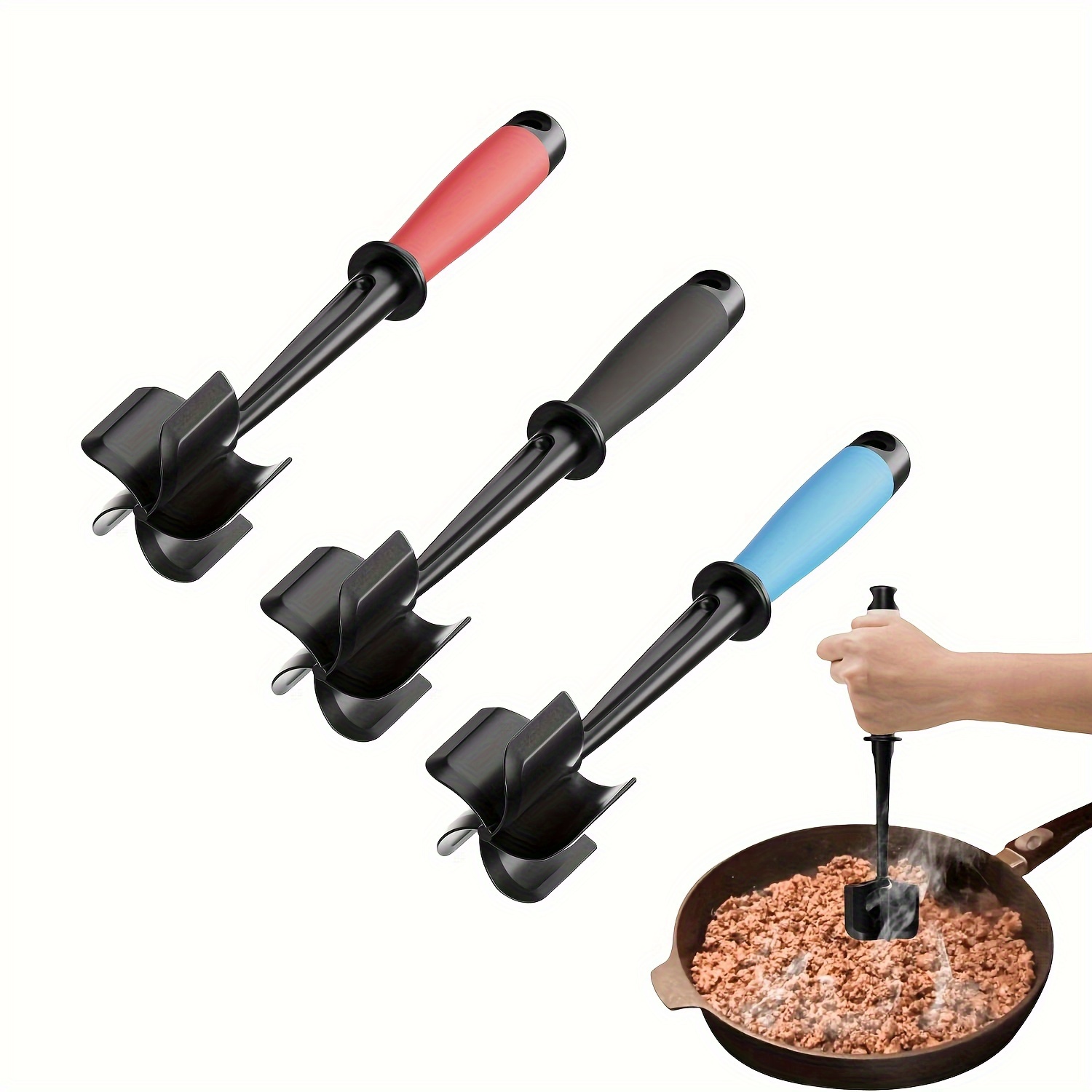 TEMU 3pcs The Nylon Meat Chopper For Ground Beef, Heat Resistant Meat Masher For Hamburger Meat, 5 Curved Blades Ground Beef Smasher, Nylon Meat
