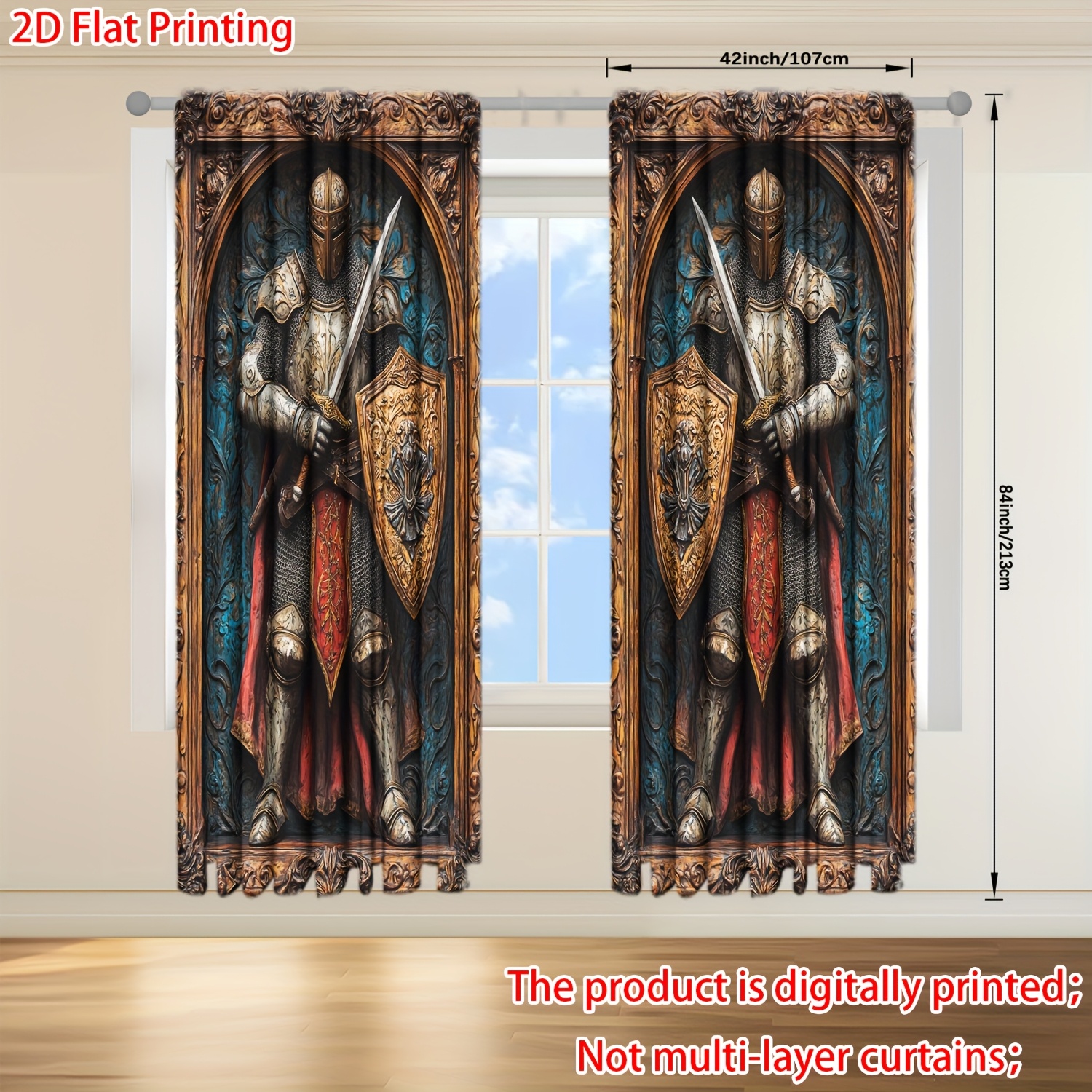TEMU 2D - 2D - Lanzamiento de 2 cortinas 2D con estampado que presentan tallados de madera de medievales - un juego de 2 paneles para la decoración