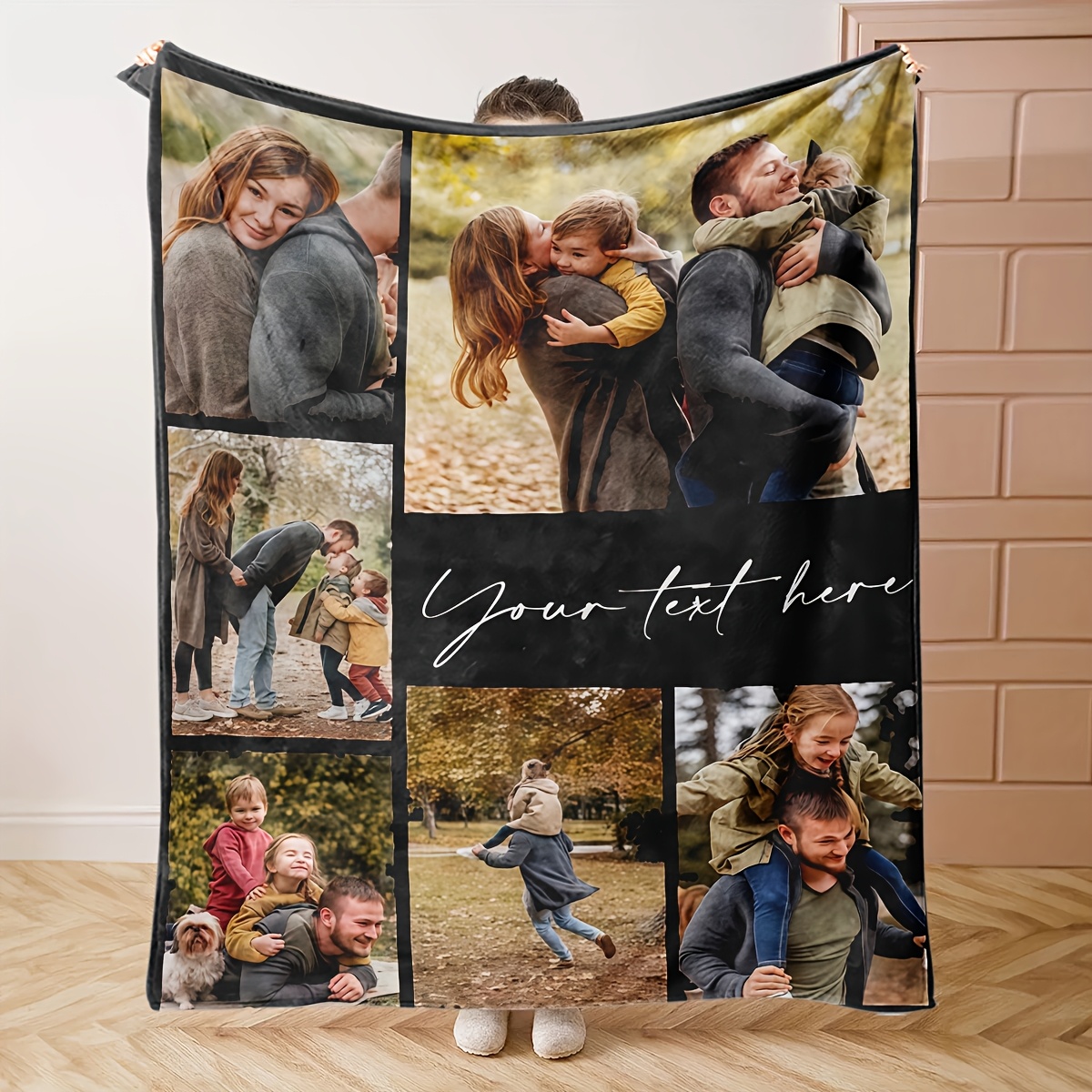 TEMU Personalized Photo And Text Custom Blanket - 6 Photos With Your Own Text, Soft Flannel Fabric, A Versatile Gift For , Suitable For Family,