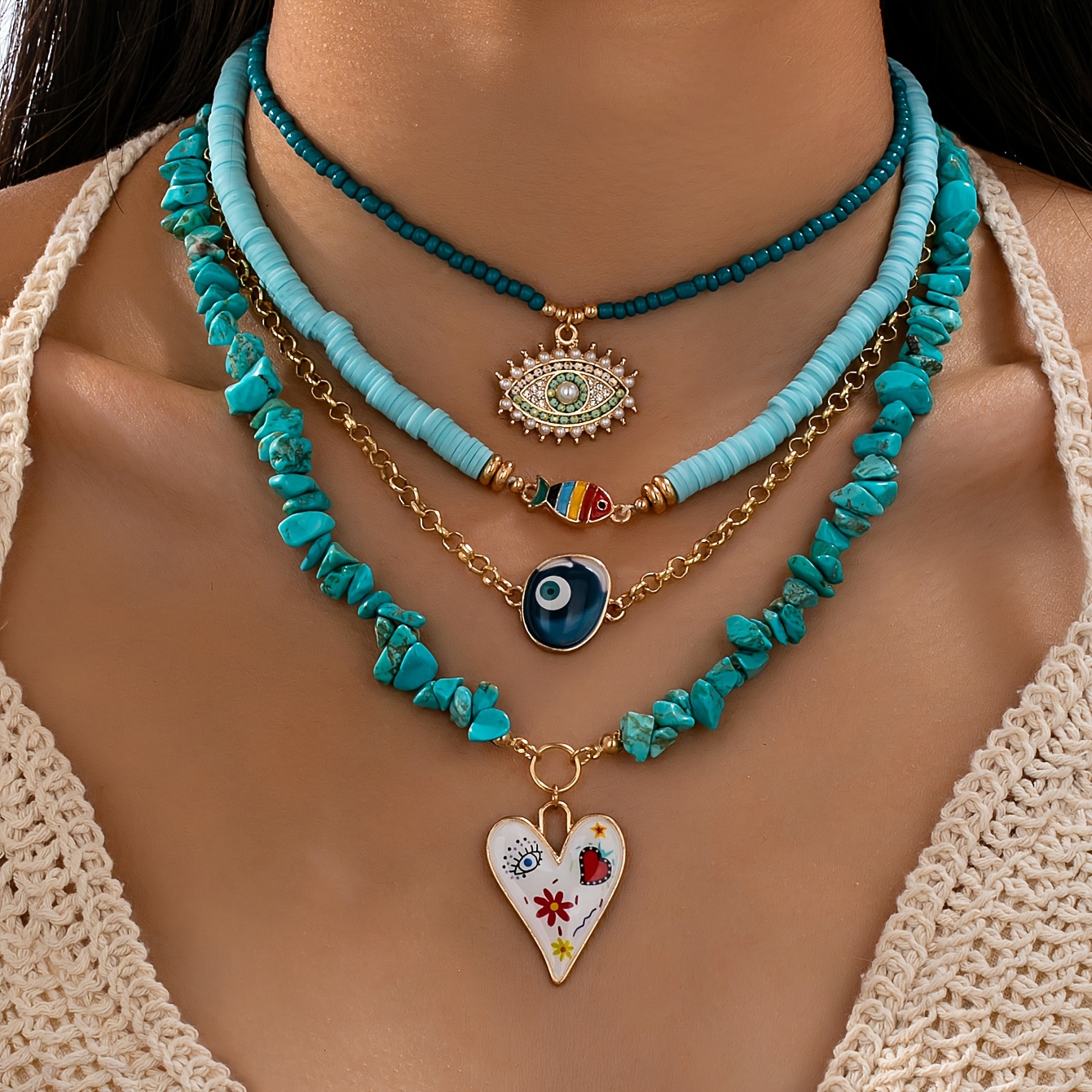 TEMU A New Bohemian-style Hand-painted Enamel Small Fish Evil Eye With Crushed Stone Chain Pendant Necklace, A High-end Women's Neck Accessory