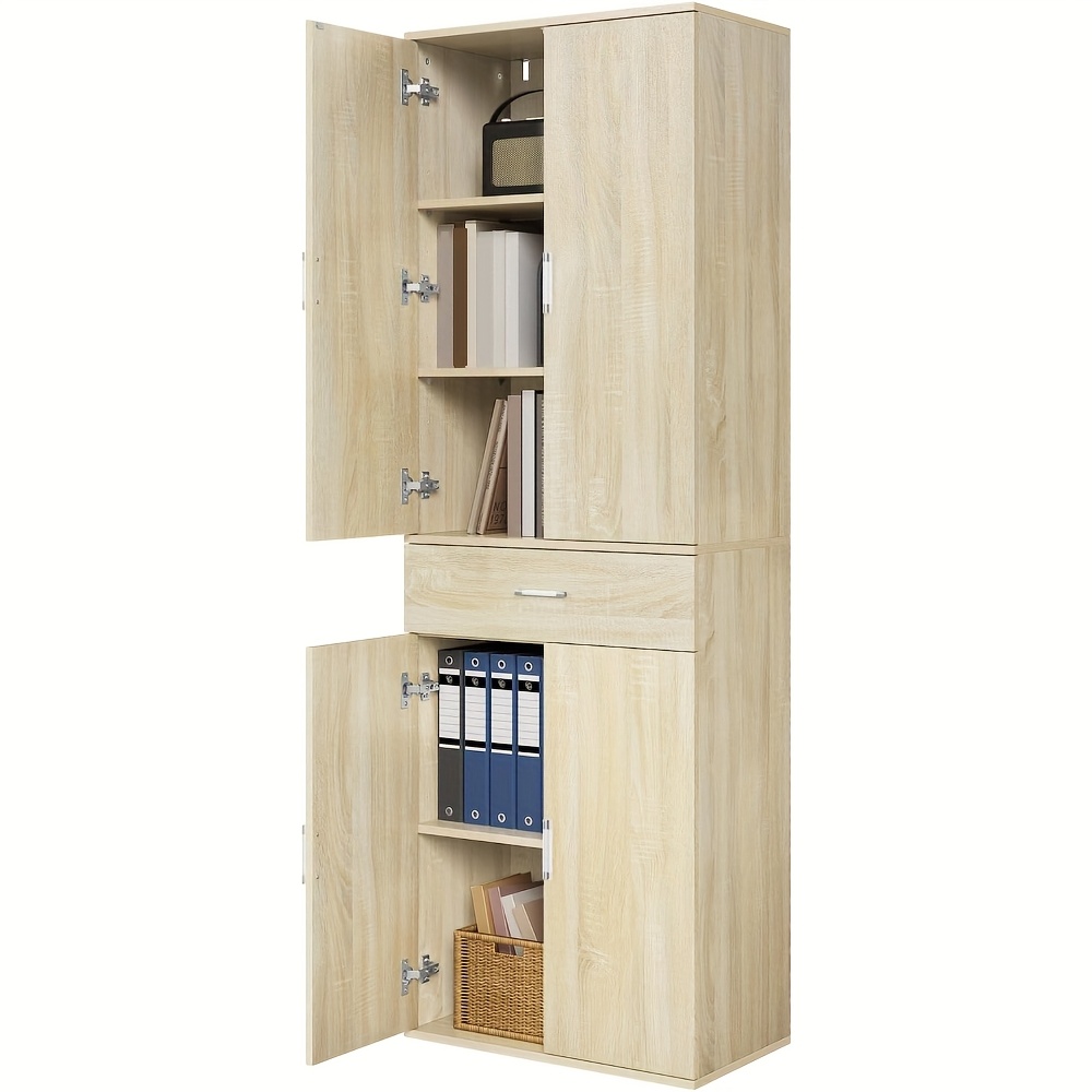1pc Vertical Filing Cabinet, Cabinet With Drawer Doors, Multi-functional Storage Cabinet, Office Cabinet, Wardrobe, Tall Cabinet, Light Oak Color