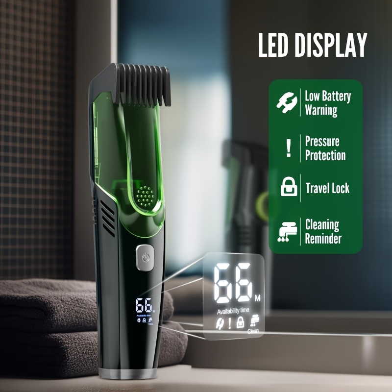 usb rechargeable mens vacuum beard trimmer with led display green black adjustable length comb 1 20mm 800mah lithium battery cleaning reminder travel lock ideal christmas gift details 0