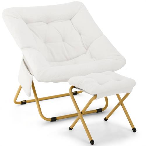 comfy saucer chair foldable lounge chair with ottoman soft faux fur reading chair folding moon chair for living room bedroom dorms no