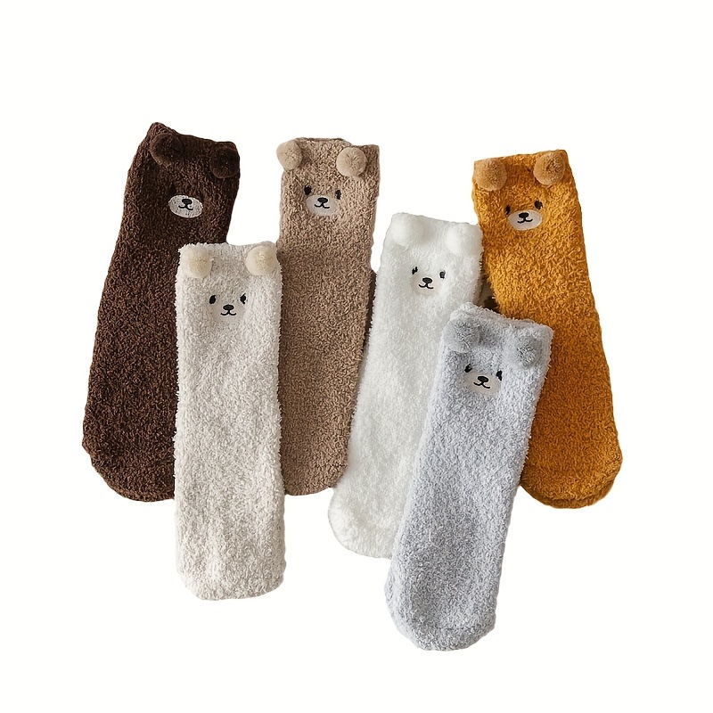 

1/3/6 Pairs 3d Cute Bear Socks, Warm Coral Fleece Floor Slipper Socks For Fall & Winer, Women's Stockings & Hosiery