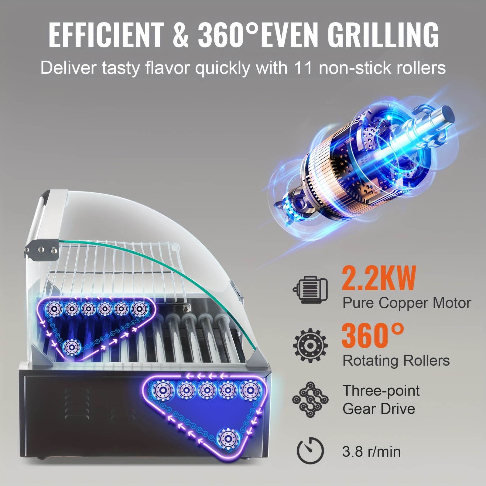  hot dog roller 11 rollers 30 hot dogs capacity 1650w stainless sausage grill cooker machine with hood acrylic cover bun warmer shelf removable drip tray etl certified details 7