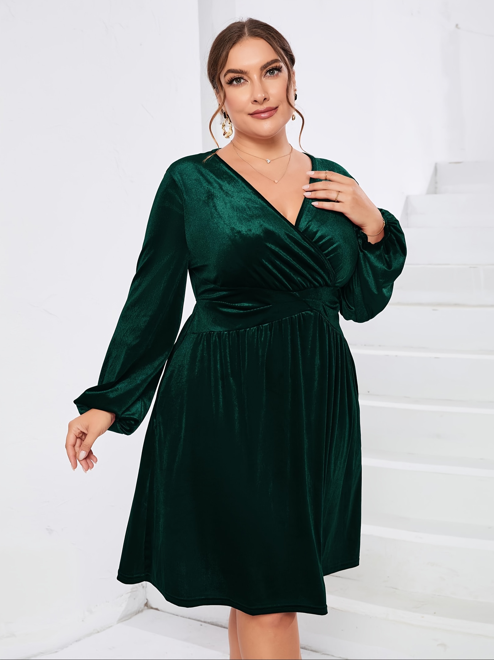 plus size v neck velvet dress elegant lantern sleeve a line - Temu