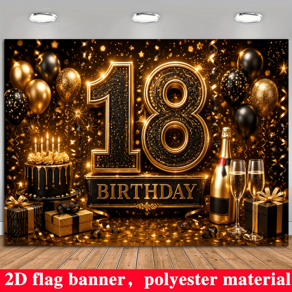 TEMU 2d Flat Flag, 2d Flat - 1pc 2d Flag 18th Birthday Themed Banner Background, Black And Golden Color Scheme Design, With Balloon, Birthday Cake,