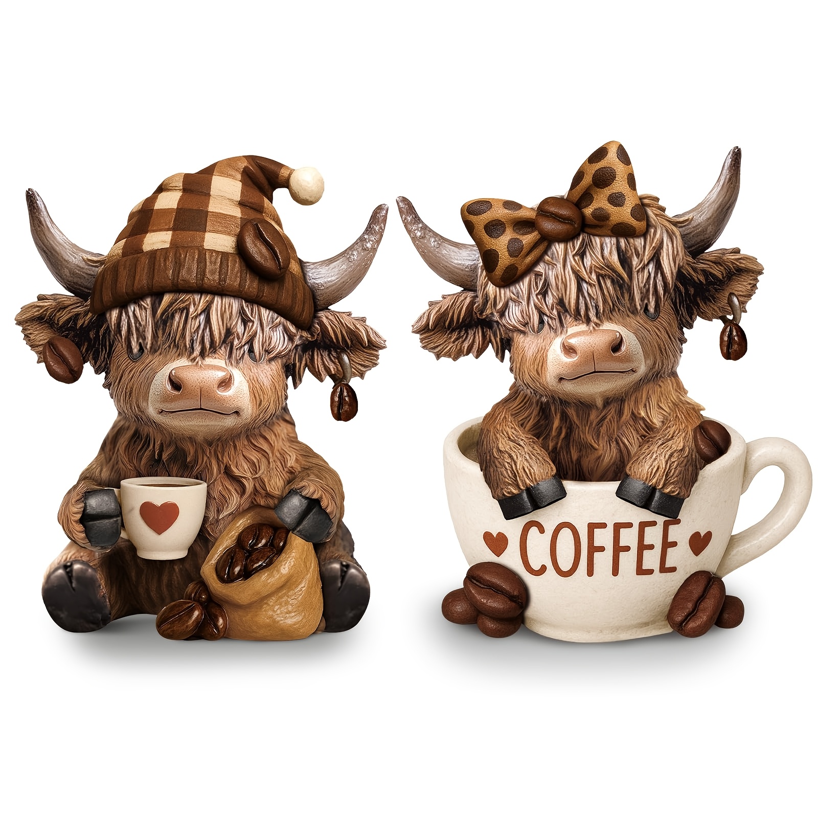 TEMU 2pcs Scottish Highland Cow Ornaments - Wooden Calf Statues With Coffee Bean Decor, Rustic Table Centerpiece Suitable For Home Kitchen Coffee