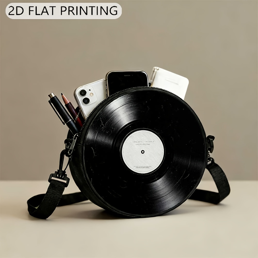 TEMU 1pc 2d Printed Men's Tote Bag,round Crossbody Bag, Vinyl Record Scratch Pattern, Men's Adjustable Shoulder Strap With Zipper And Top Handle,
