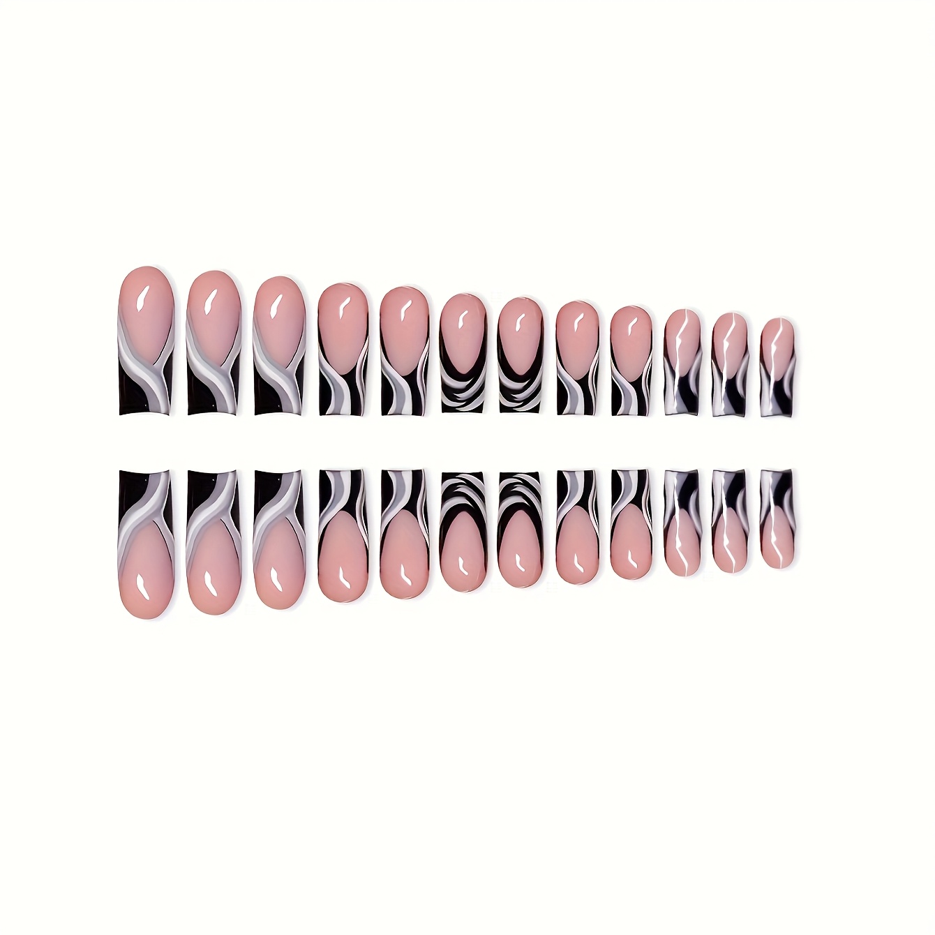 TEMU Lot de 24 faux ongles français Y2K à presser pour femmes - Ongles carrés longs à couverture complète réutilisables avec tourbillon noir/blanc et