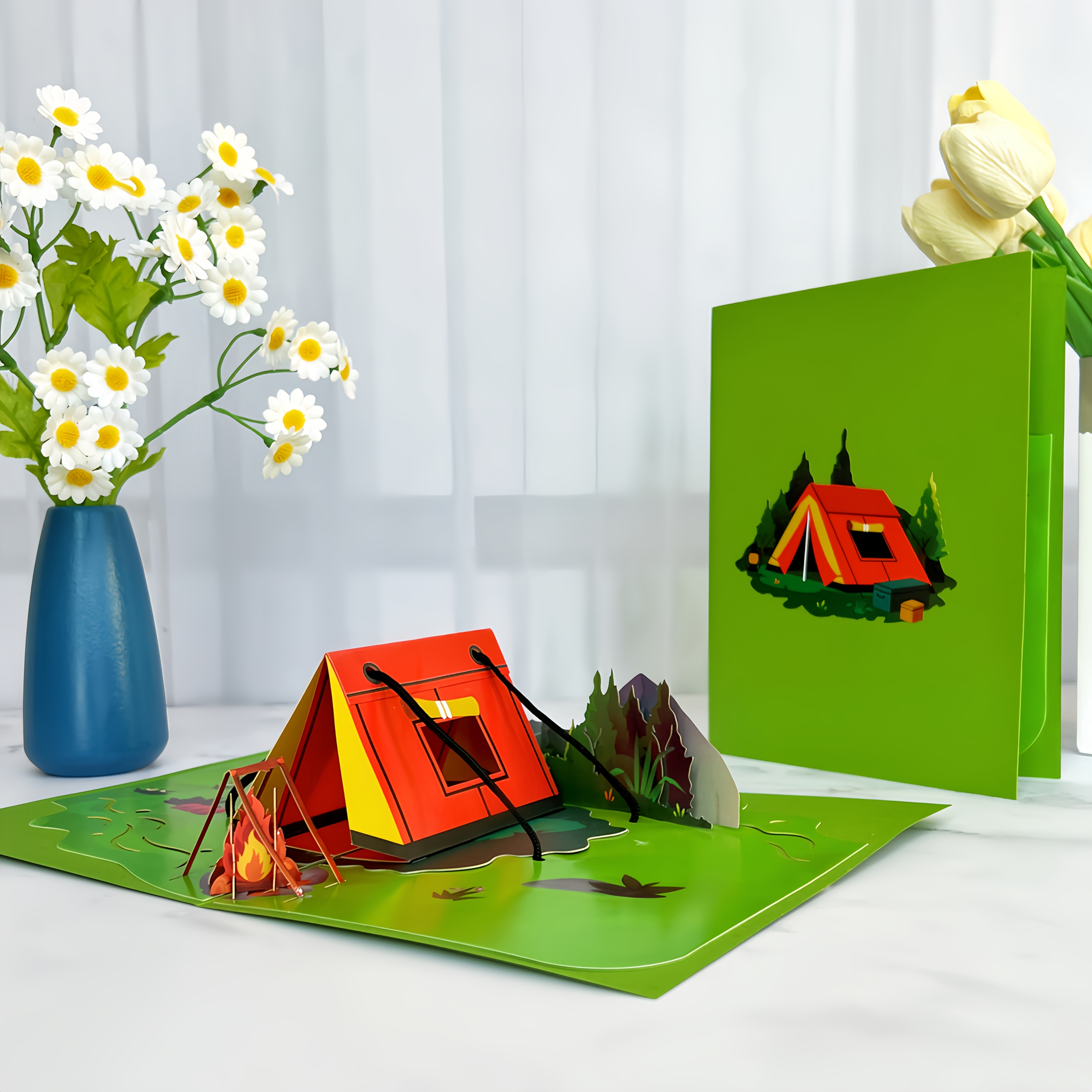 E-shop handgefertigte 3D Pop-Up Grußkarte mit Umschlag, Lagerfeuer Zelt Outdoor Camping Muster, "Frohes Vatertag" Karte, "Glückwunsch zum Ruhestand"