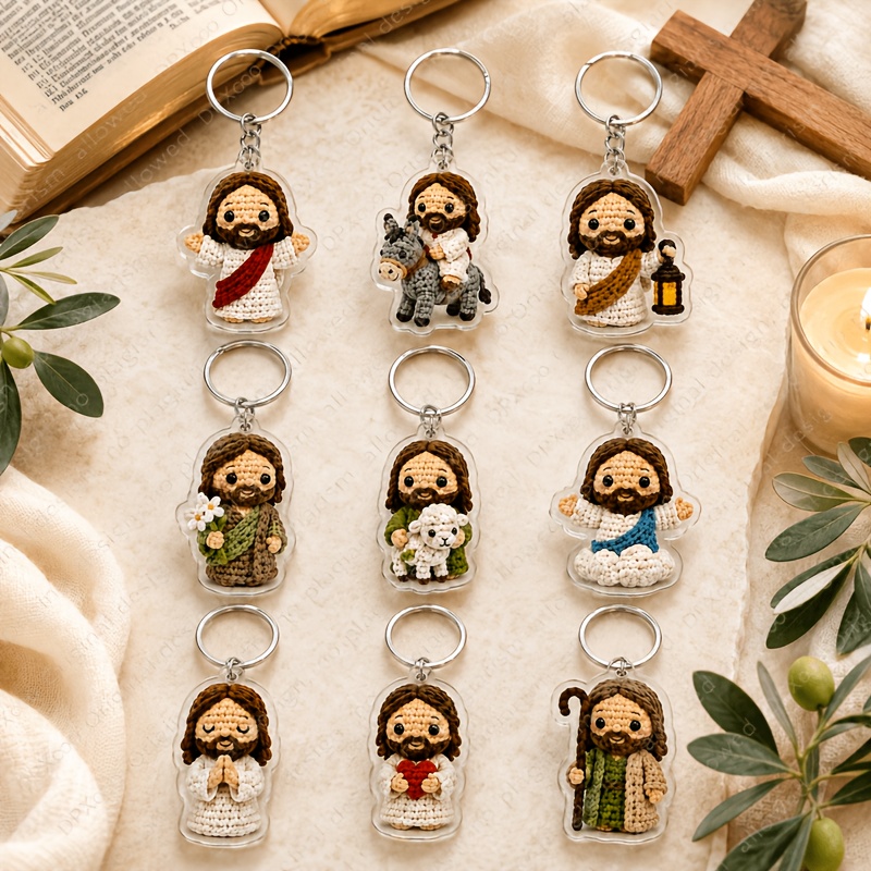 TEMU 2d Flat, 2d Flat 9pcs Crochet-style Jesus Keychain Set, Cute Christian-themed Acrylic Pendant, Knitted-effect Faith Backpack Charm, Baptism