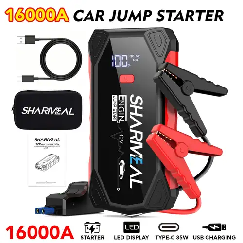 16000A-8000A 3-In-1 Portable Jump Starter, 12V Car Battery Jump Starter Pack for Up to 2.64gal Gas And All * Engines, with 3-Mode Flashlight And Jumper Cables 16000A-8000A 3-In-1 Portable Jump Starter, 12V Car Battery Jump Starter Pack for Up to 2.64gal Gas And All * Engines, with 3-Mode Flashlight And Jumper Cables