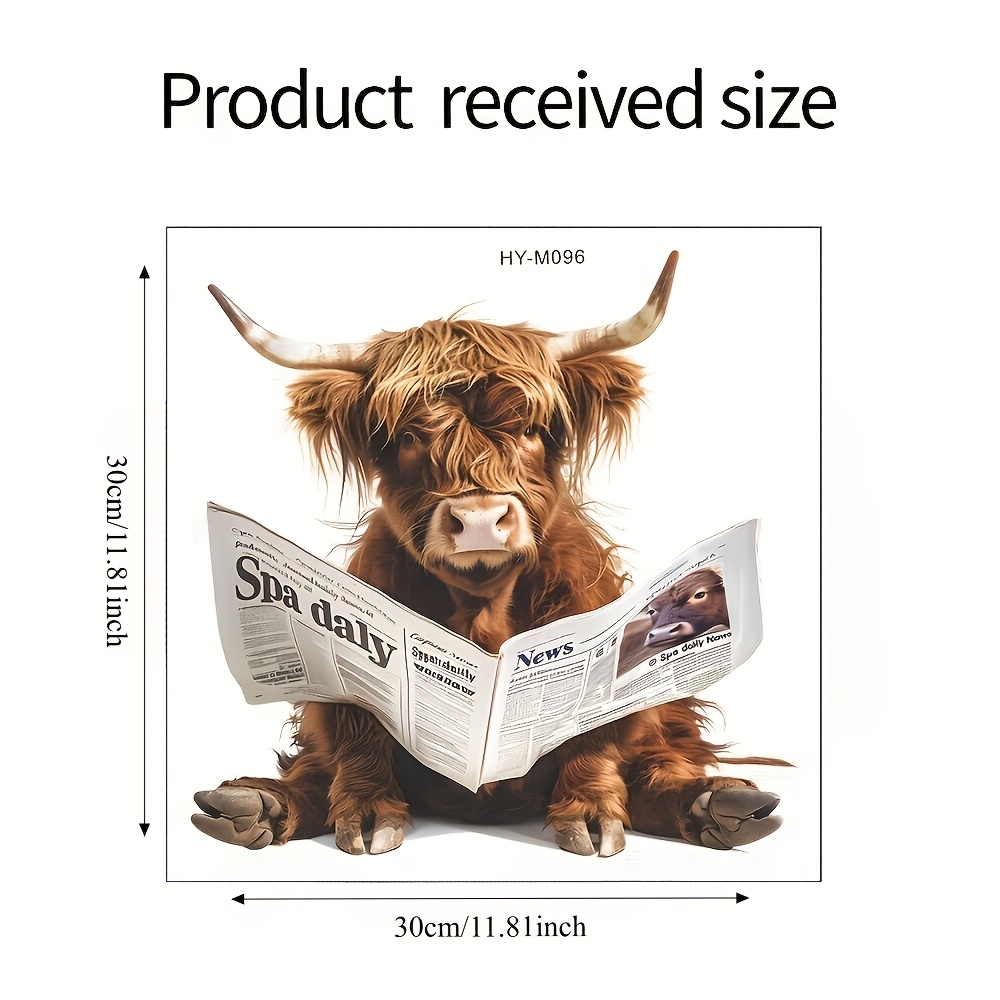 Image of Highland Cow Reading Newspaper Toilet Sticker, Cartoon Cow Wall Decal, , Self-adhesive Plastic, Single Use, Ceramic Surface, Home Decor, Bedroom Decoration