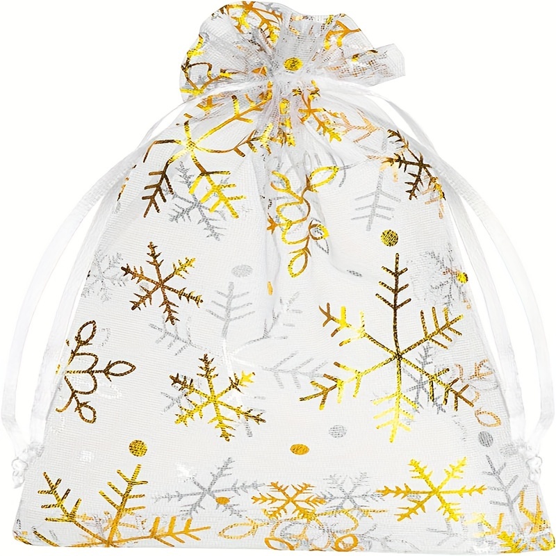 

100pcs, Petits sachets à bijoux en maille blanche, sachets à bonbons à cordon de serrage, sachets cadeaux en organza flocon de neige, Noël