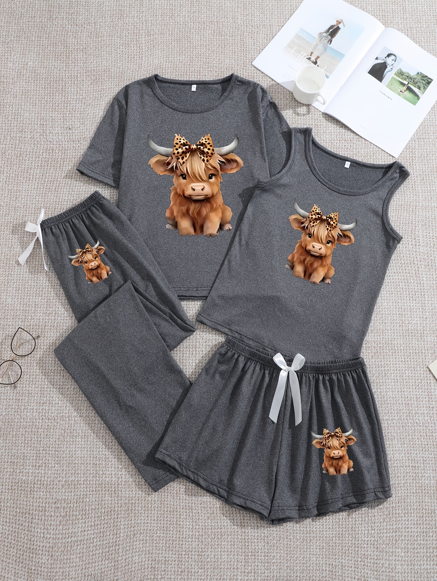 western leopard   pattern 4pcs set womens simple and casual loungewear vest short sleeve shorts long pants
