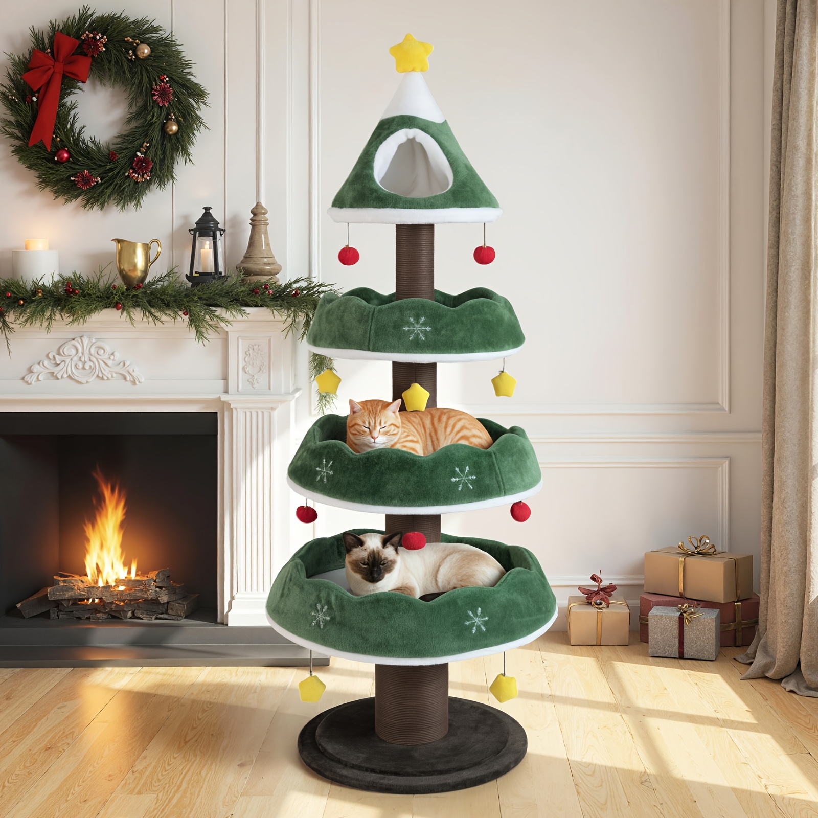 TEMU Albero di Natale per 179 cm, Multilivello per Gattini Piattaforme Morbide, Ripiano Chiuso, Tiragraffi, 11 Palline Sospese, Base , Mobili per