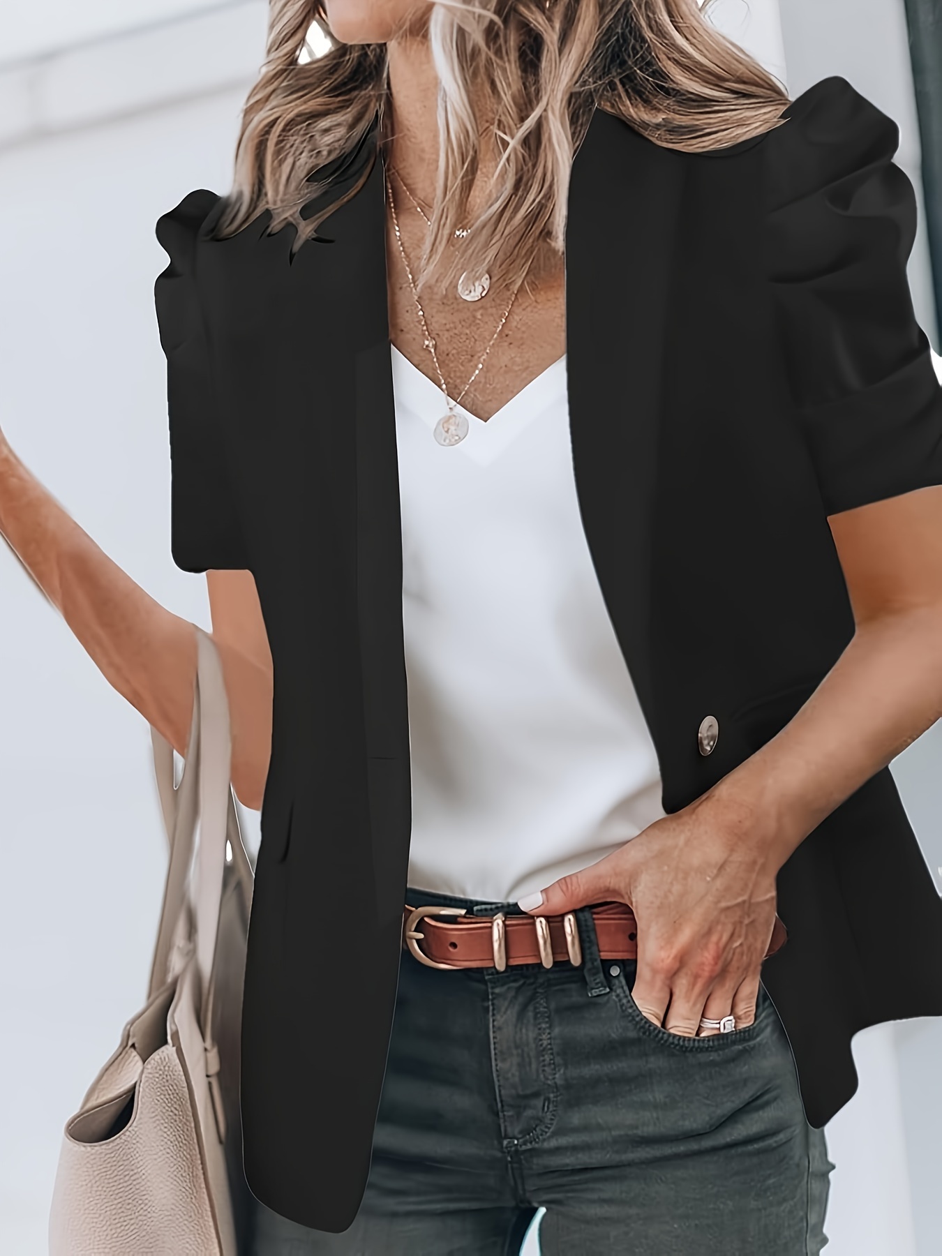 womens summer casual short puff sleeve open front Temu