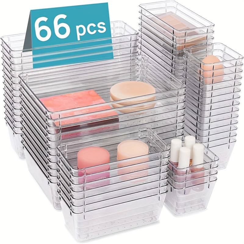 

66 Pcs Pe Plastic Drawer Organizer Set - All-in-one Transparent Multi-functional Storage Trays For Personal Care Products, Office Supplies, And Kitchen Utensils With Non-slip Silicone Pads