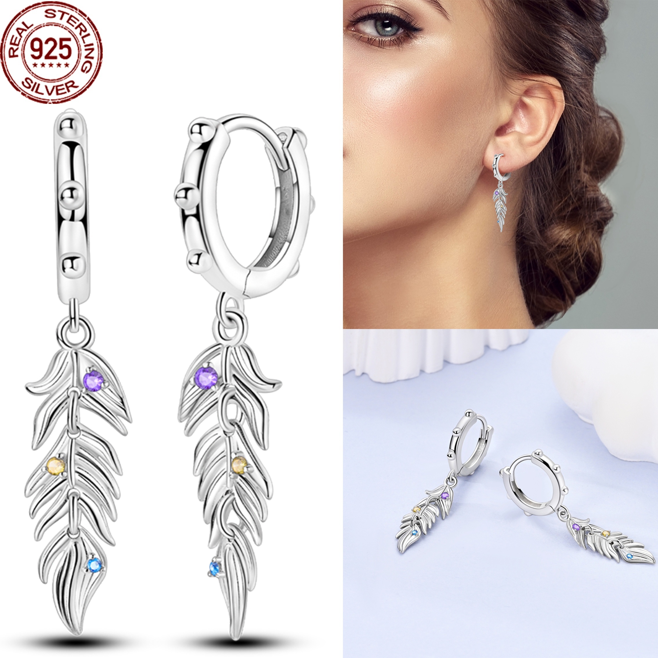 

1 Pair 925 Sterling Silver Bohemian Vintage Feather Tassel Earrings, Women' Hoop Earrings, Engagement Party Wedding Jewelry Gift, Synthetic Zirconia Birthstone, Elegant Style, All- Wear