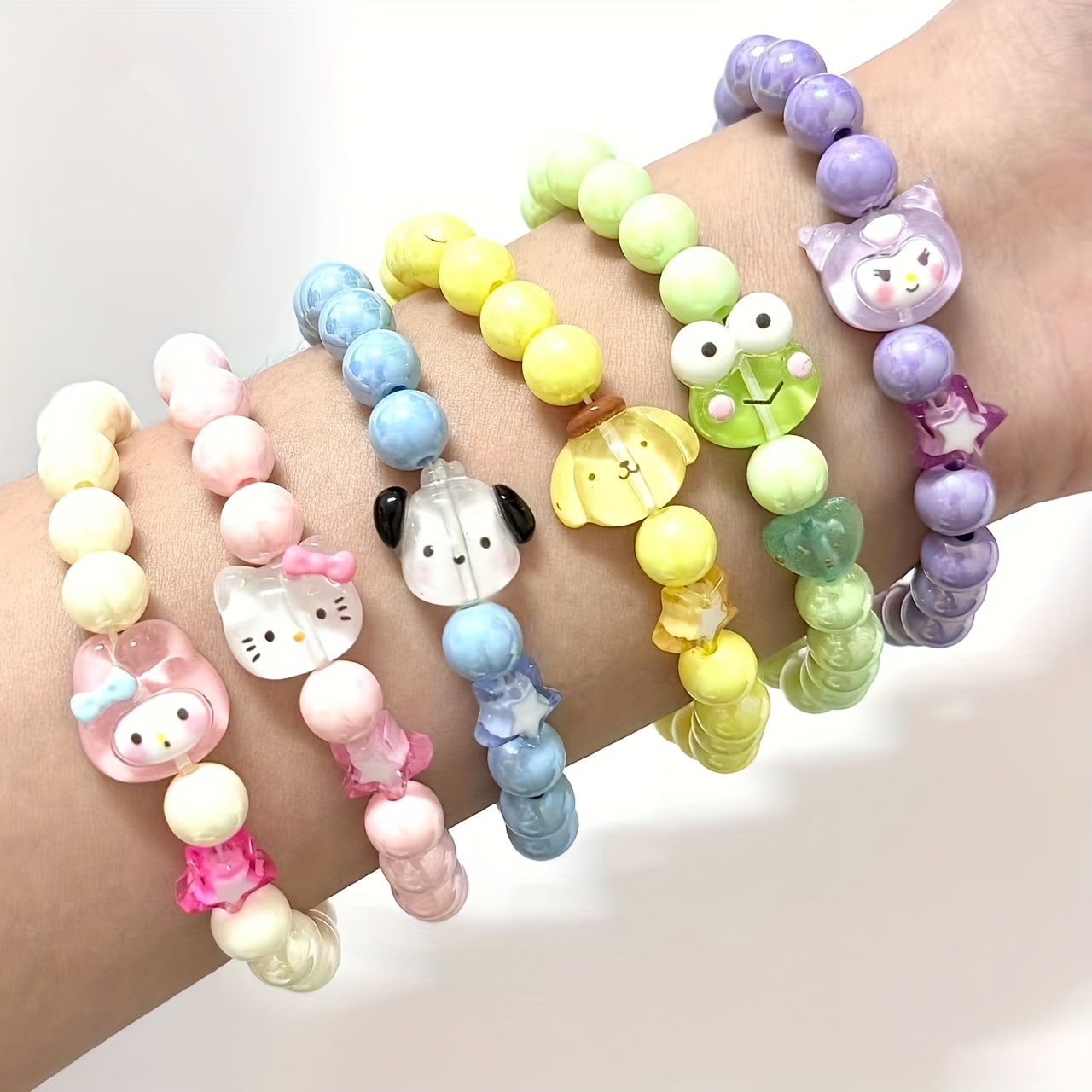 Image of 6pcs Cartoon Hello Kitty, , Kuromi, My Melody, Big- Frog Bracelet Set, Cute Anime Star Bangle, Exquisite Holiday Gift, Birthday Gift For Mother, Valentine's Gift, New Year's Gift