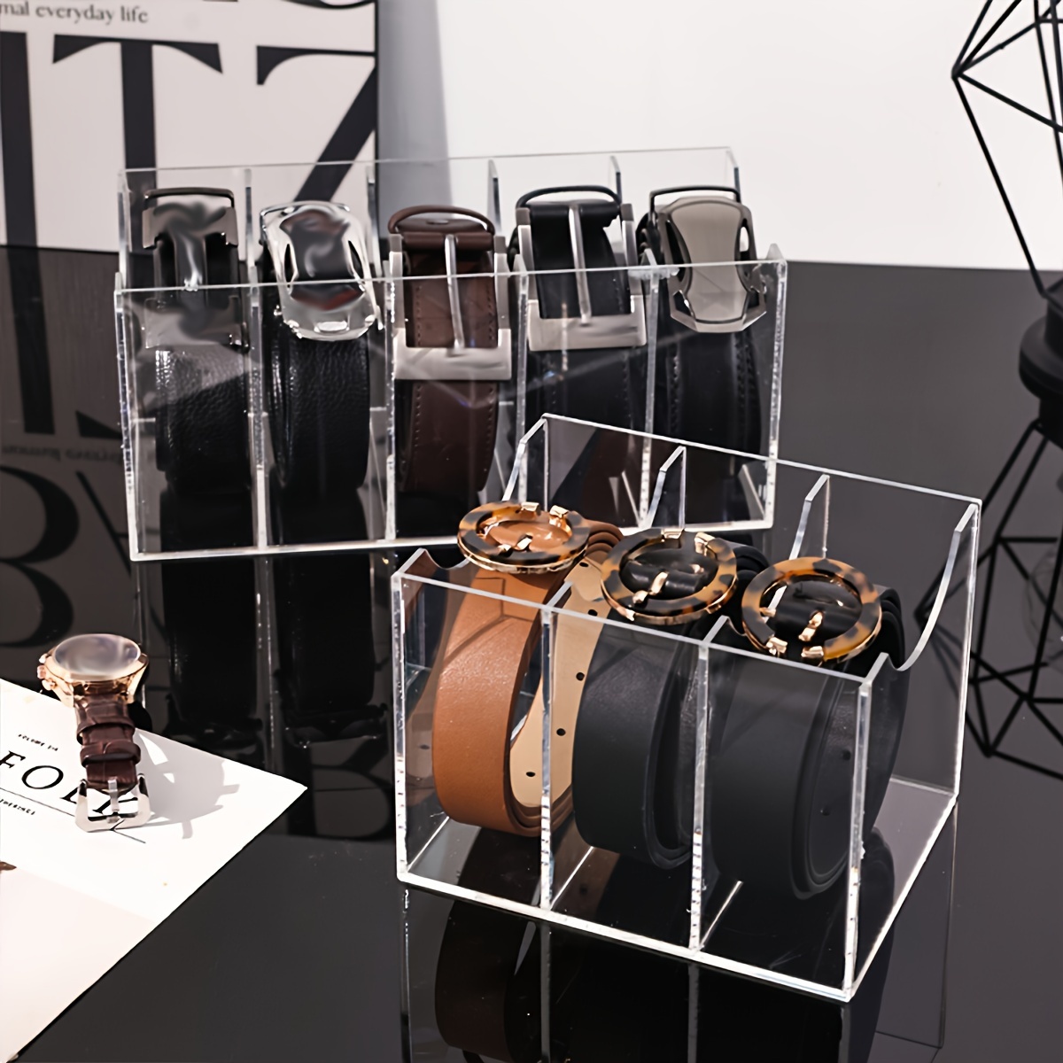 1 акриловая многоразовая органайзер для ремней с несколькими слотами, прозрачный выставочный кейс для мужчин и женщин, подходящий для шарфов, часов, аксессуаров для волос, украшений, шкафов и ящиков, немагнитный, спортивный стиль, сплошной узор, детали 0