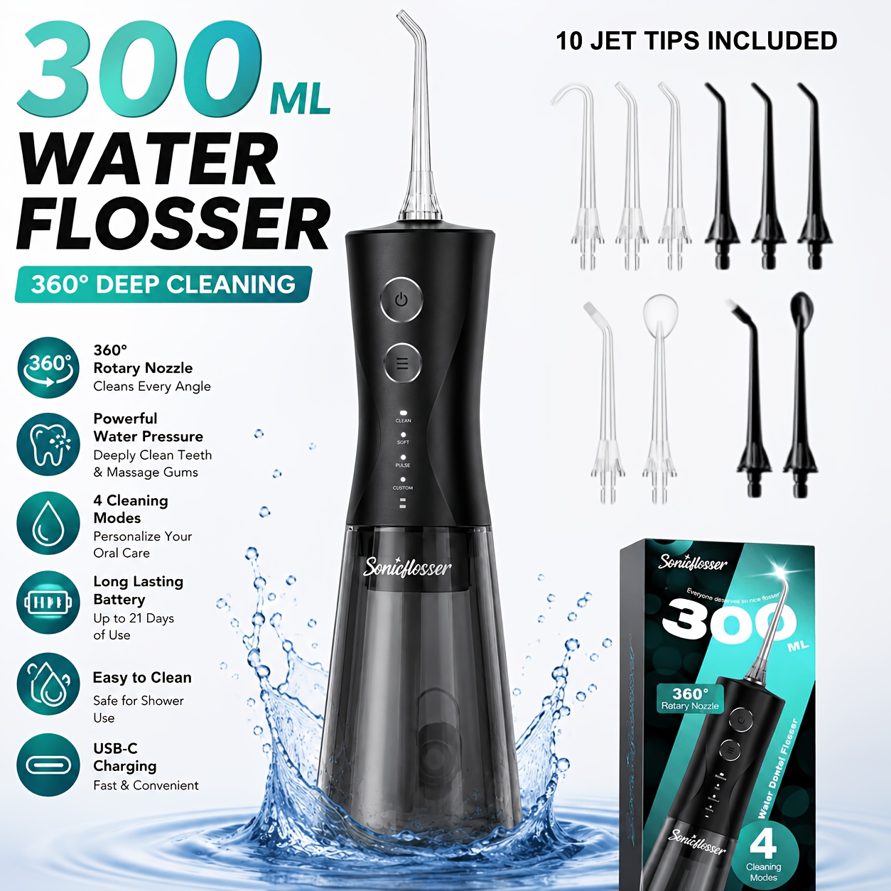 TEMU Water Flosser For Teeth, Cordless Dental Water Flosser With Detachable 300ml Tank, 10 Jet Tips, 4 Cleaning , 360° Rotary Nozzle, Usb-c