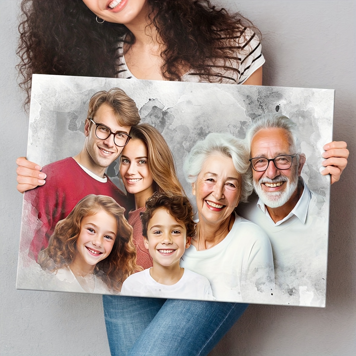 TEMU Custom Family Memorial Canvas Art - Personalized Wall Hanging With Photos Of , Combining Generations Into A Single Portrait, Thoughtful Gift For
