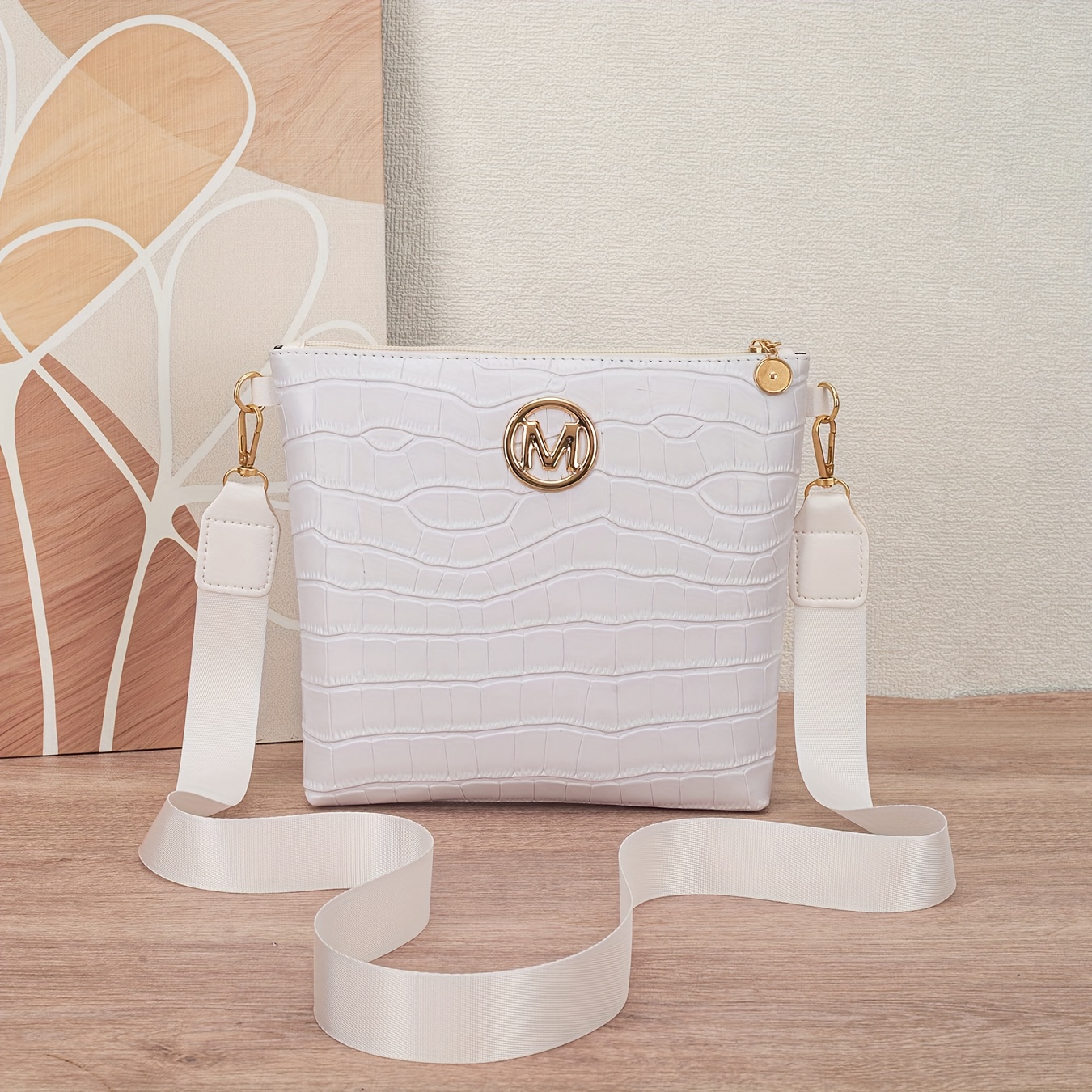 New Crocodile Pattern M Logo Women's Bucket Bag For Daily Shopping, Mobile Phone And Coin Shoulder Crossbody Purse (random Fabric Texture Cut)