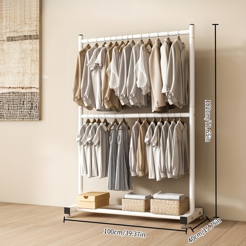 Image of Modern Double Tier Clothing Rack With Wheels - Adjustable Height Freestanding Garment Organizer For Bedroom, Living Room & Walk-in Closet, Mobile Coat Stand In Golden/
