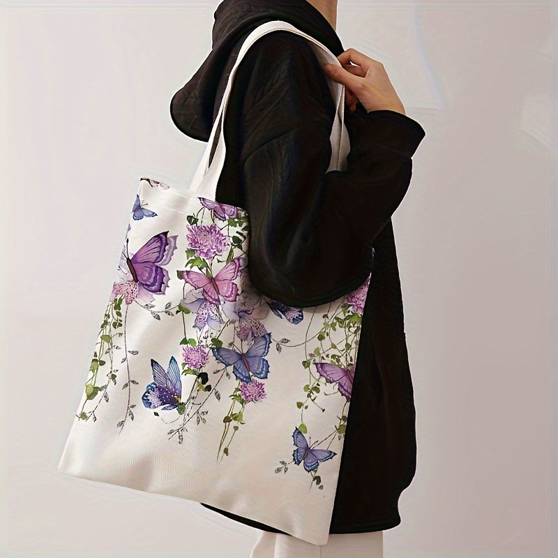 Qekee Flowers Butterfly For Canvas Aesthetic Tote Bag For Women Beach Bag Shopping Bags Shoulder Bag Reusable Grocery Bags
