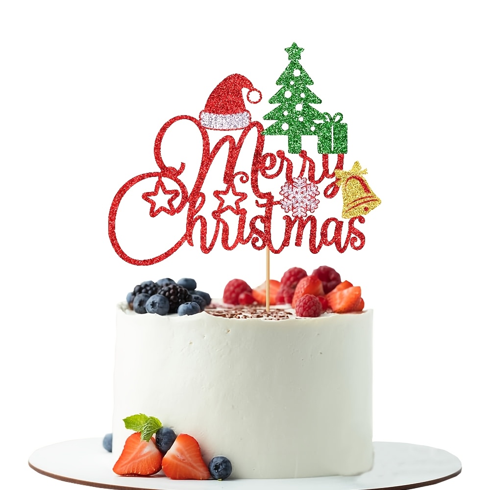 TEMU 1pc Glitter Merry Christmas Cake Topper, Red & Green Christmas Cake Decoration, Winter Festival Xmas Themed Birthday Party Decorations Supplies