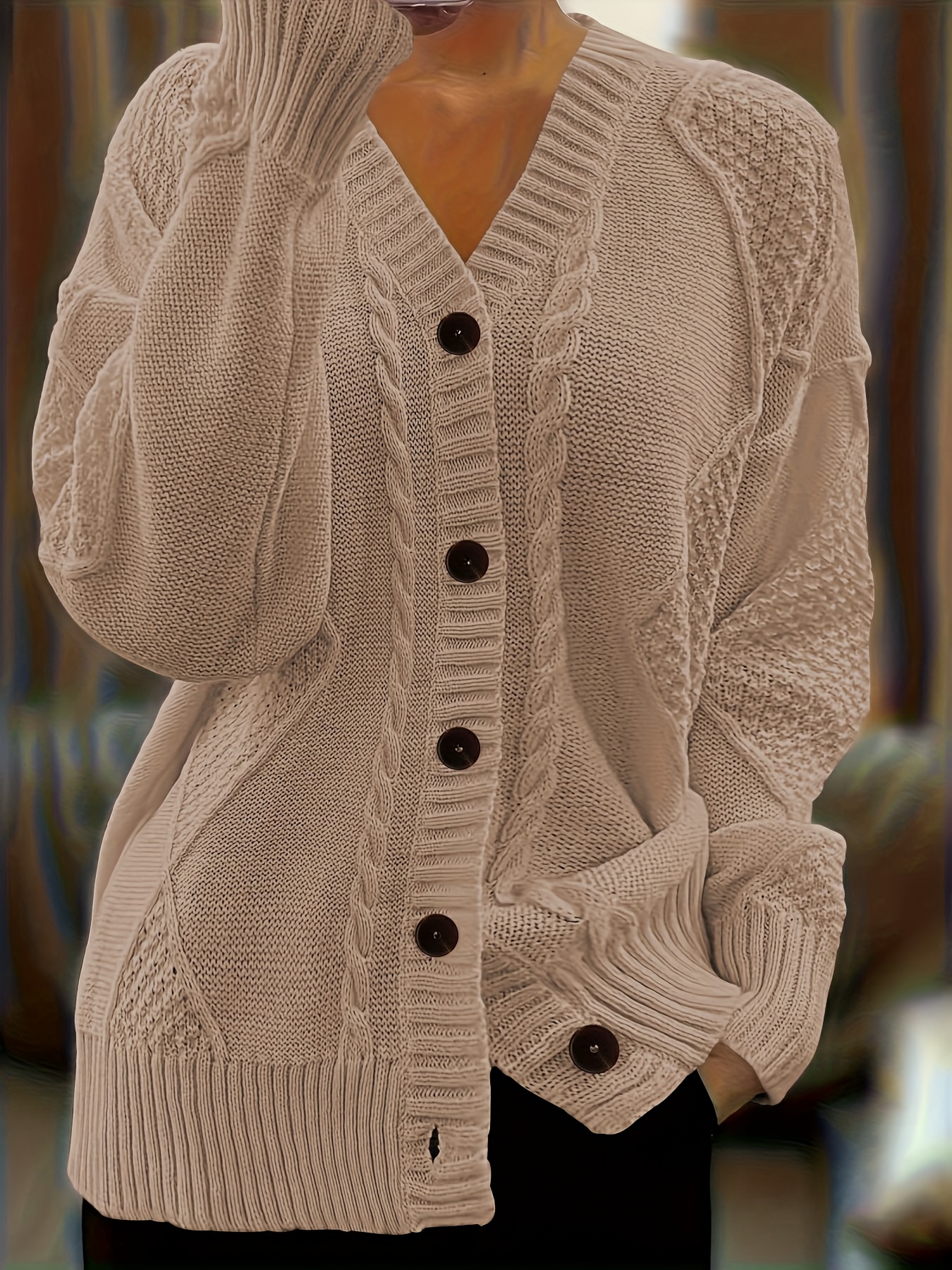 plus size solid color button drop twist cable cardigan casual long sleeve comfortable sweater womens apparel