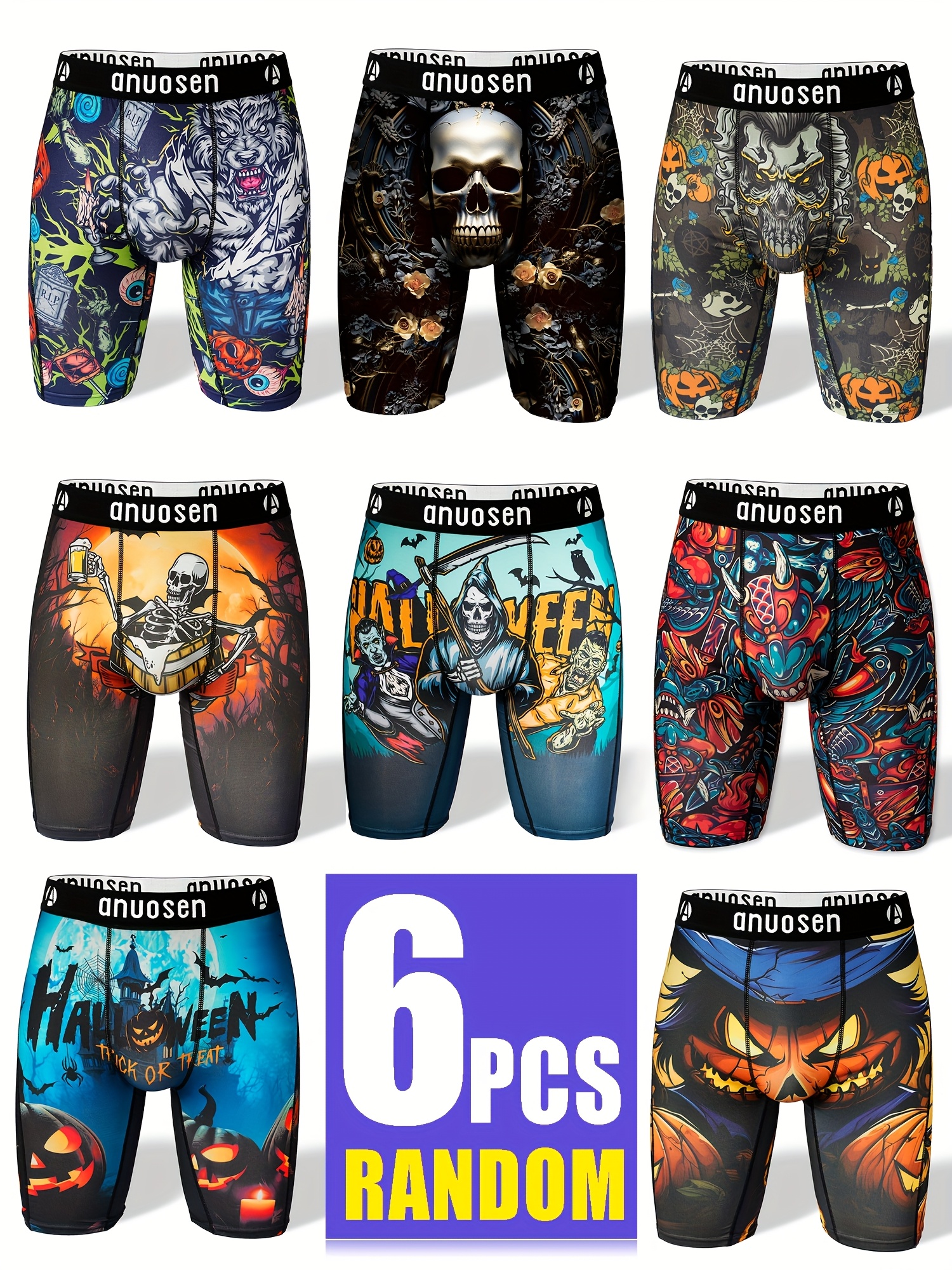 6pcs mens halloween christmas print athletic boxer briefs quick dry moisture wicking anti chafing long leg sports underwear with skull reindeer designs random positioning print boxing shorts