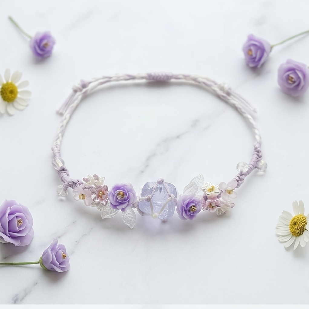 Purple Rose Light Purple Crystal Braided Bracelet, Adjustable Design