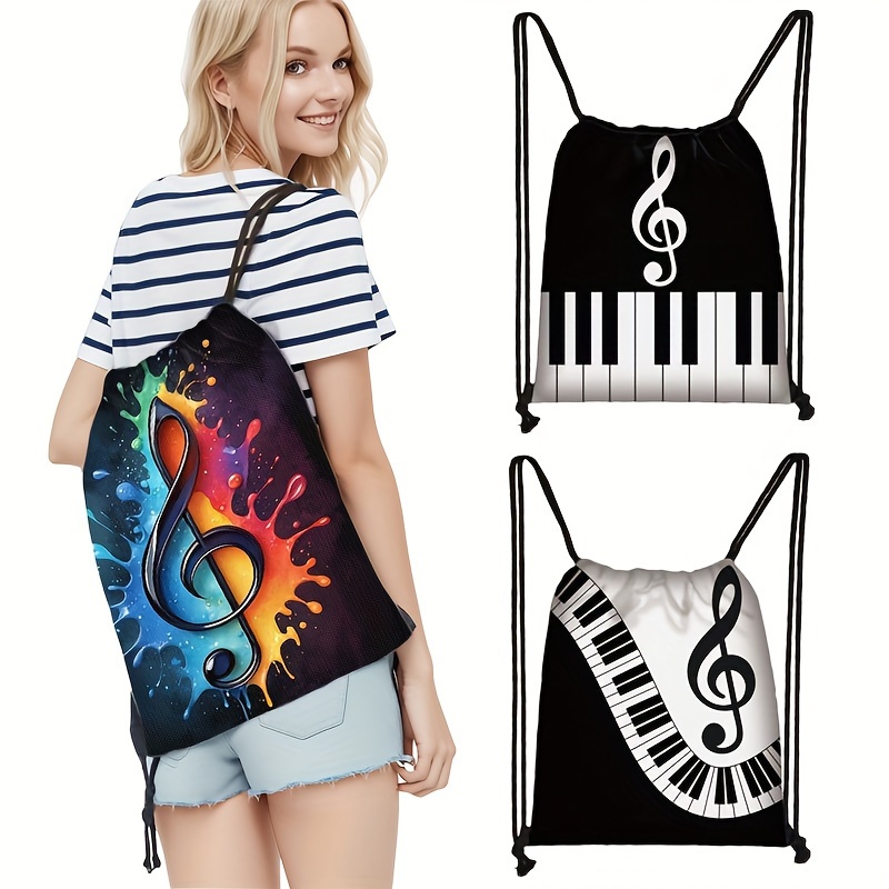 

Elegant Music-themed Drawstring Backpack - Large Capacity, Polyester, Hand Wash Only - Travel & Use