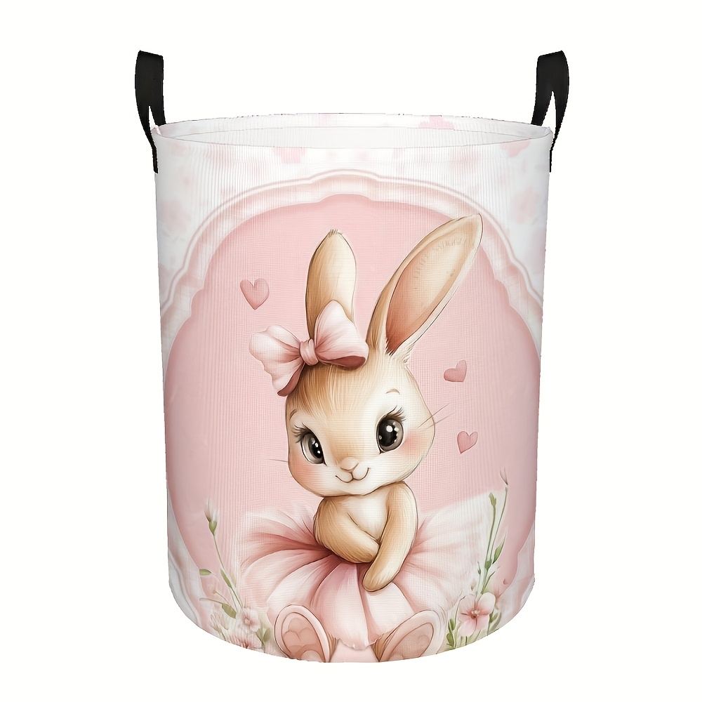 E-shop 1 Stück Rosa Ballett-Hase Faltbarer Wäschekorb mit Blumen- & Herz-Motiv – Große Runde Aufbewahrungskorb, Niedliches Hasen-Design mit Stabilem