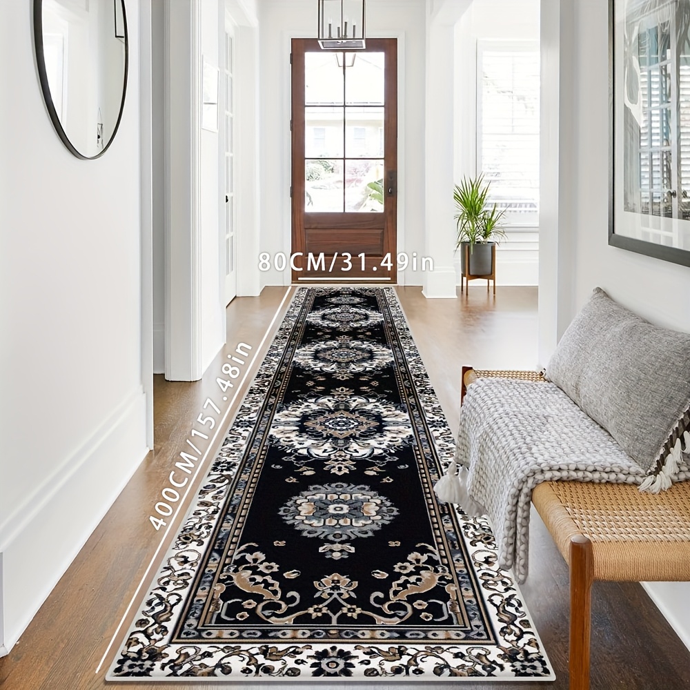 TEMU 1pc Luxury Persian-style Long Mat - Elegant Black & Beige , Durable, Easy To , Soft And Comfortable For Hallway, Kitchen, Or Stair Runner, Mat