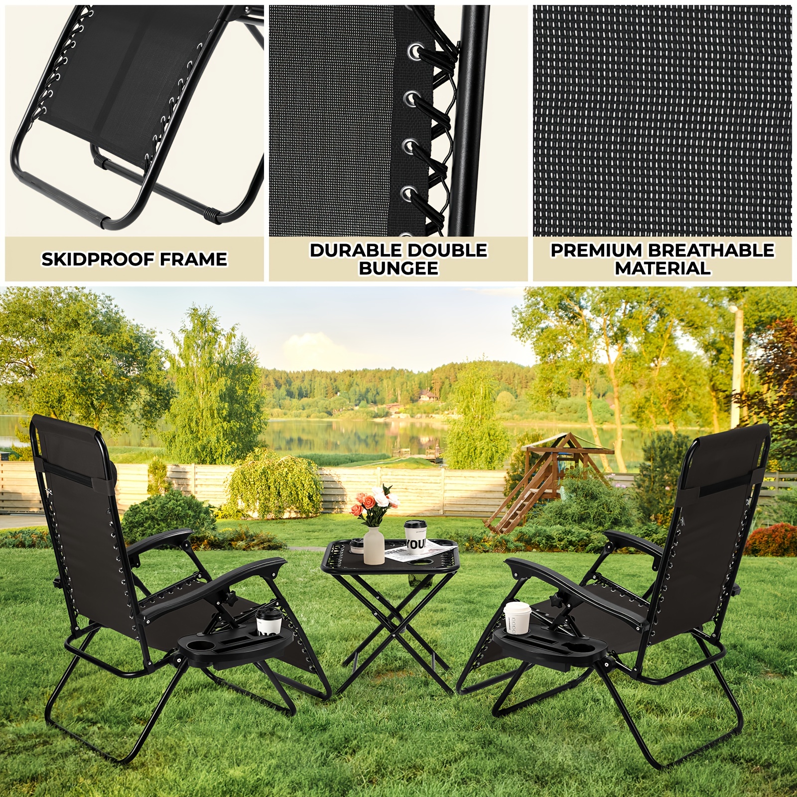 Chaise pliante avec table, chaise longue avec table de côté, chaise de pont avec dossier réglable, chaise de jardin avec porte-gobelet, chaise de jardin respirante, chaise de plage, noir, 2 chaises + 1 table