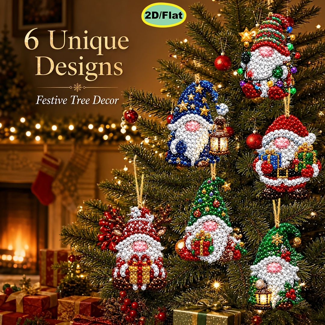 TEMU Kit Pittura Diamante 6 pezzi, Perla Trapano Gnomone Natalizio Ciondolo Tag in Legno, Stile 2D Piatto Principiante, Ornamento Albero di Natale,