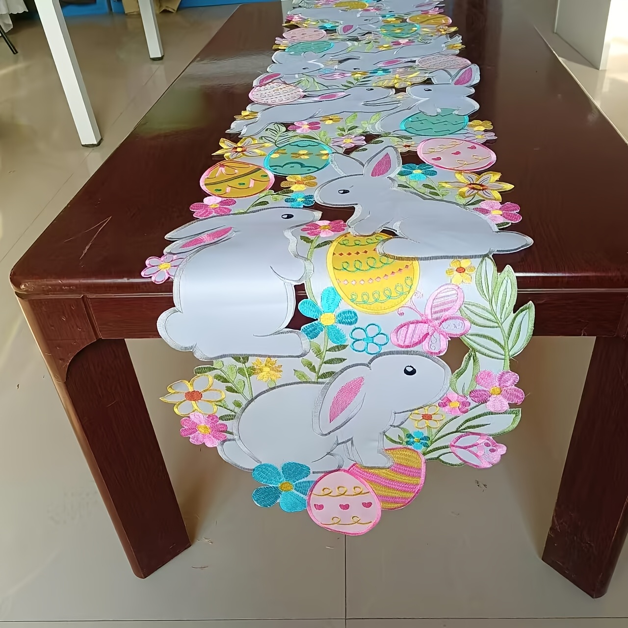 Spring Easter Bunny Stickers, Hollowed Out Embroidered Tablecloths, Table Flags, Placemats, Napkins, Family Decorations, Highlighting The Festive Atmosphere
