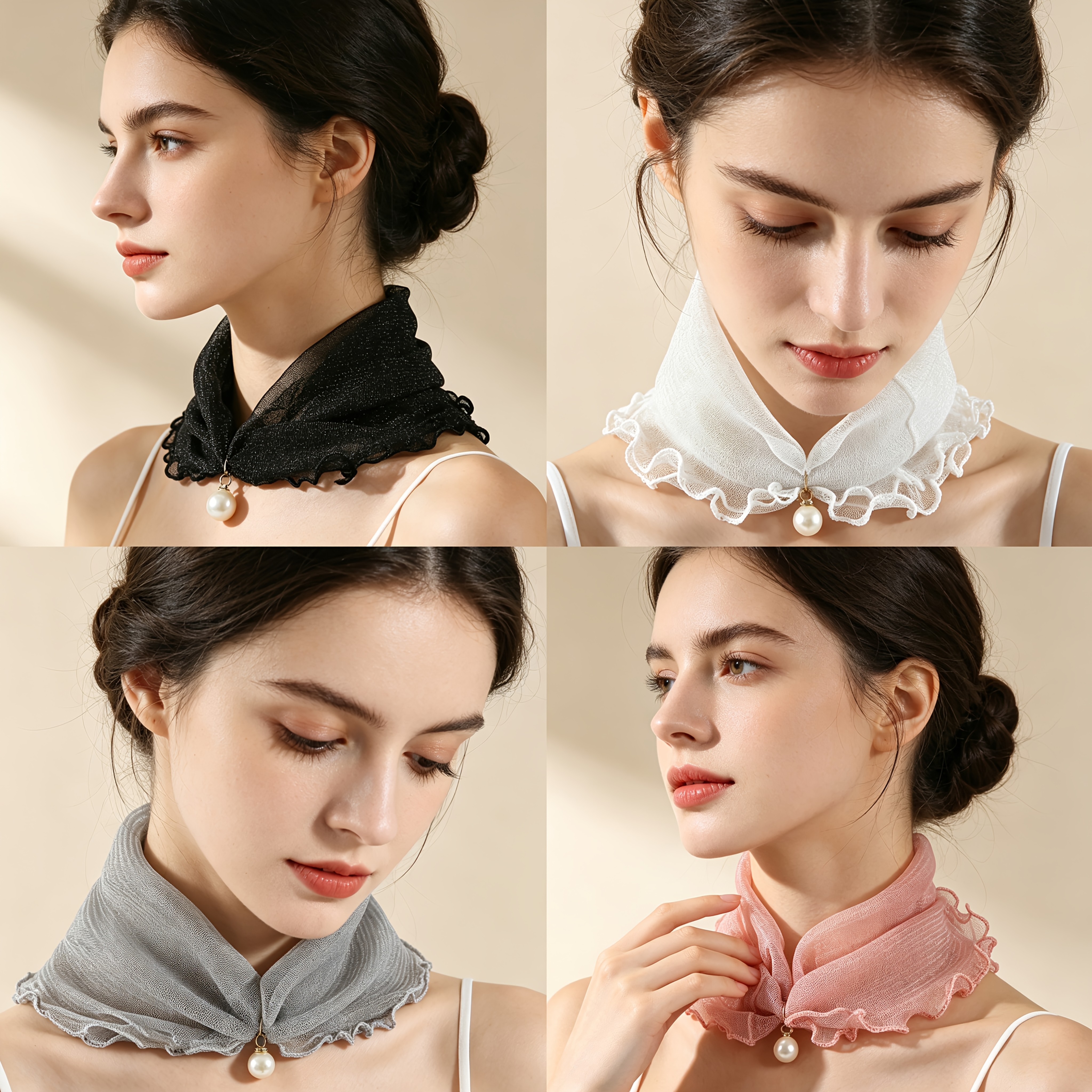 TEMU 4pcs Women's Elegant Sheer Chiffon Neck Scarf Set With Pearl Button, Lightweight Short Collar Wrap, Breathable Vintage Decorative Scarves For