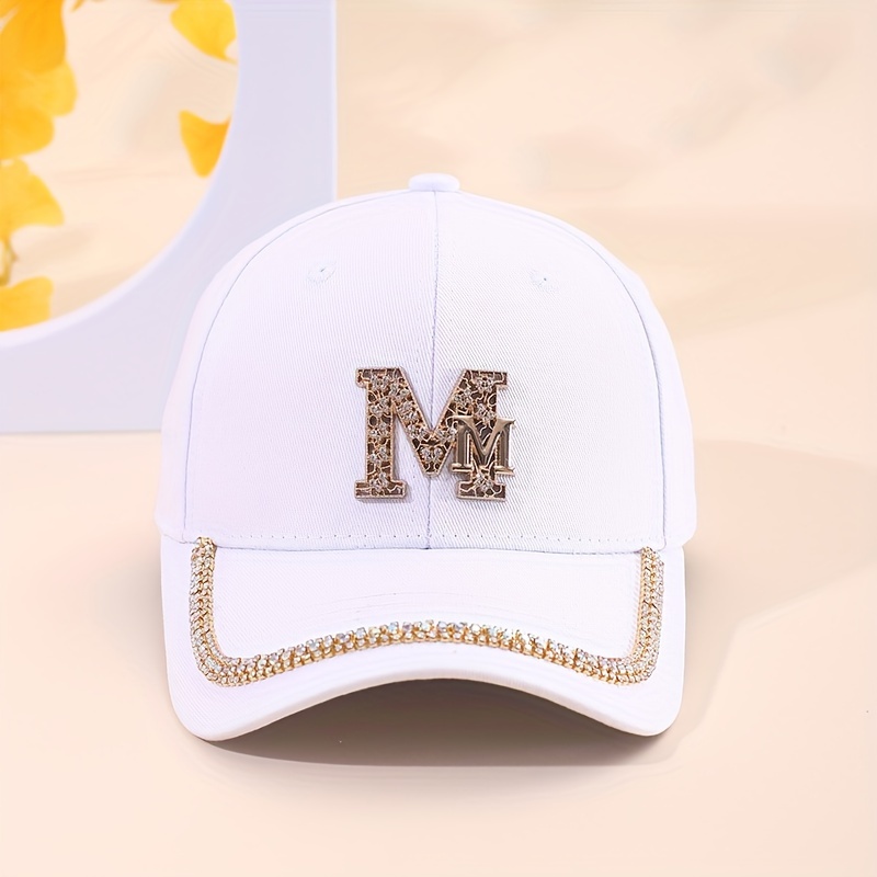 

1pc Unisex Fashionable White Baseball Cap With Sparkling Crystal Rhinestone Dad Hat Classic Letter Embellishment Hats