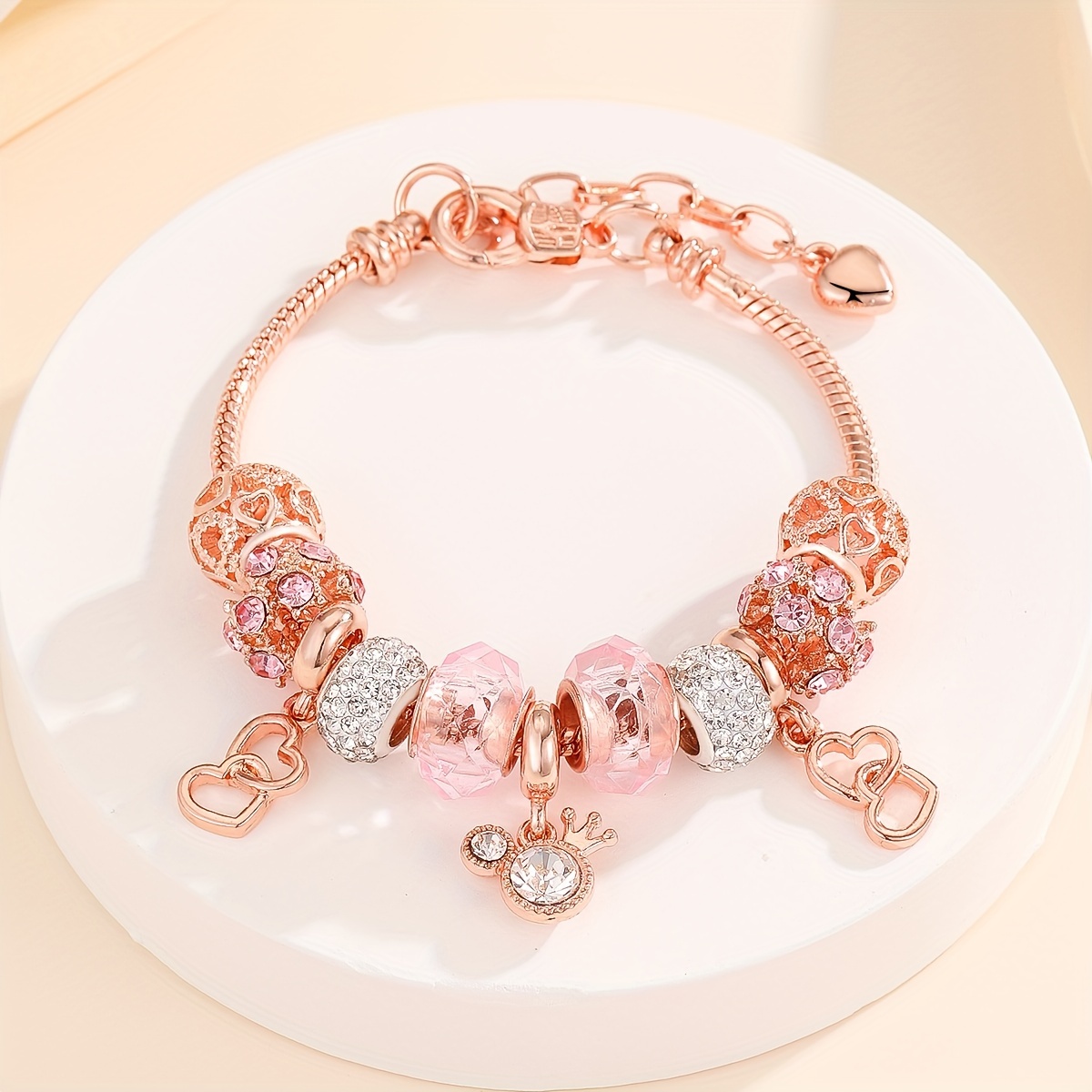 

Charm Bracelet For Women, 1pc, Rose Golden With Pinkish Beads, Sparkling Rhinestones, Hollow Hearts & Crown Accents, Lobster Clasp, Snake Chain, Elegant And Cute Style