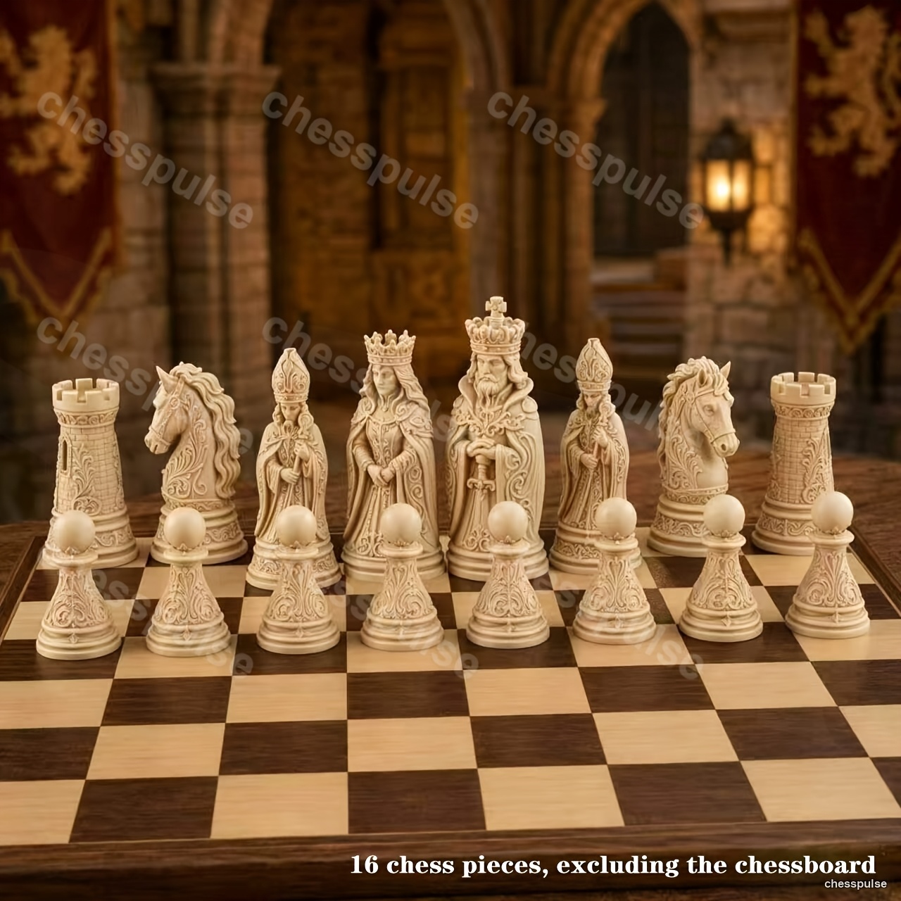 Image of 16pcs 3d Medieval Carved Chess Pieces, Figurine Chess Pieces, Premium Collectible Gift Chess For Chess Enthusiasts